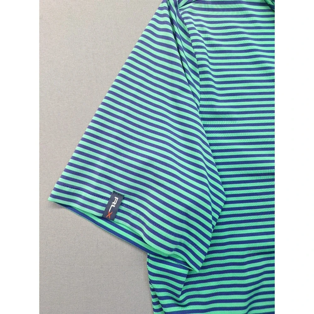 RLX Ralph Lauren Polo Shirt Mens Medium Blue Green Striped‎ Golf Wicking Preppy